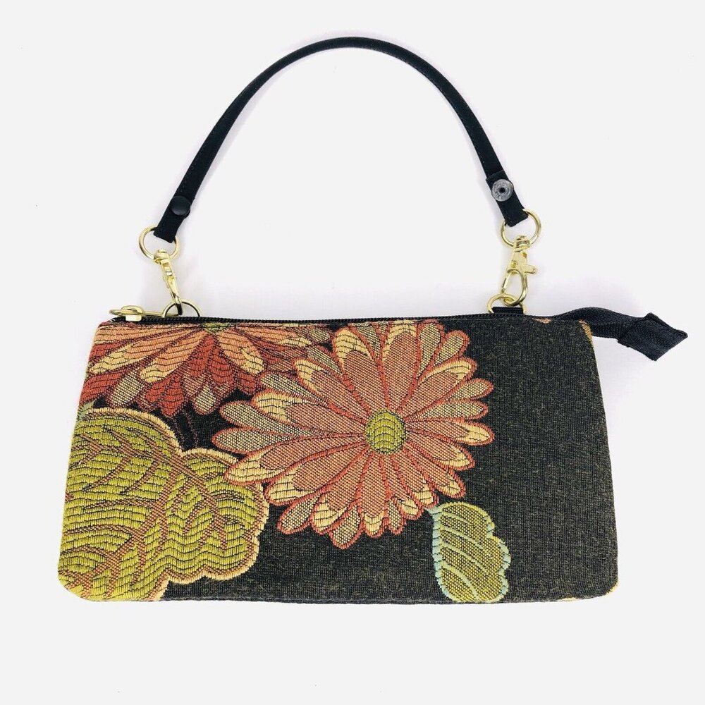 Danny K Women Embroidered Floral Wallet Handle Black Coin Purse Bag Zip Clutch